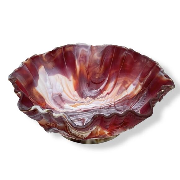 Imperial Glass Red Slag Bowl Crimped Edge Roses Marbled Swirl Colors 60s Vtg 9" - Picture 12 of 16
